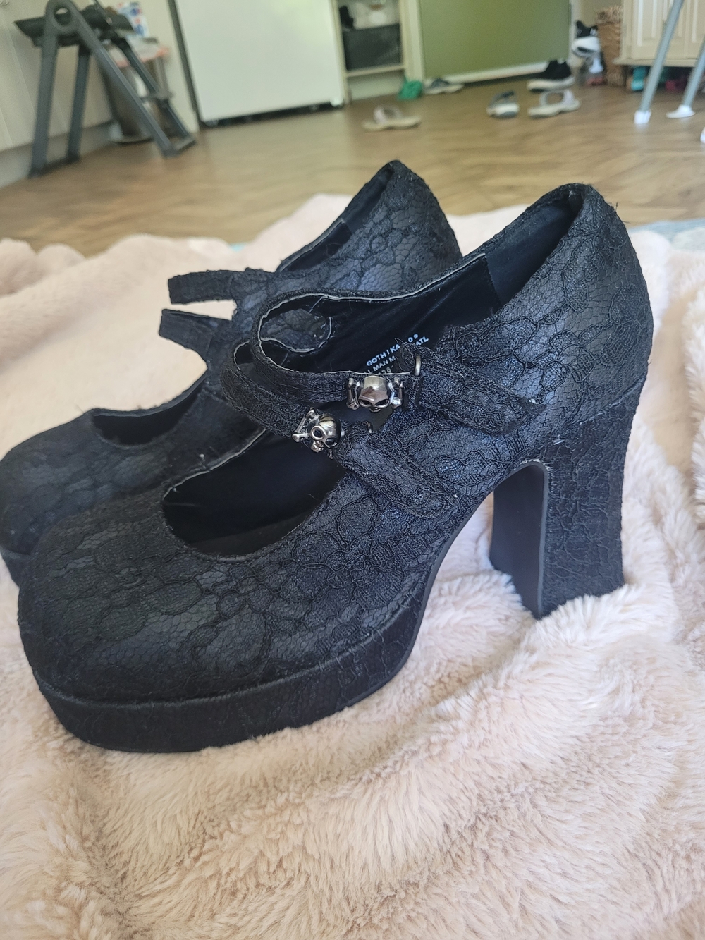 Demonia Black Lace Mary Jane Platform Heels with Skull Buckle
